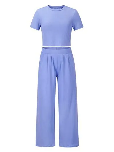 Short Sleeve Matching Crop Top And Pants Set