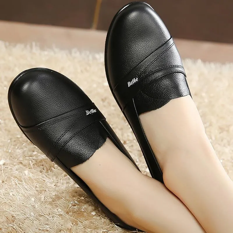 Slip-on loafers flats women shoes genuine leather flats size 35-41 round toe solid black shoes