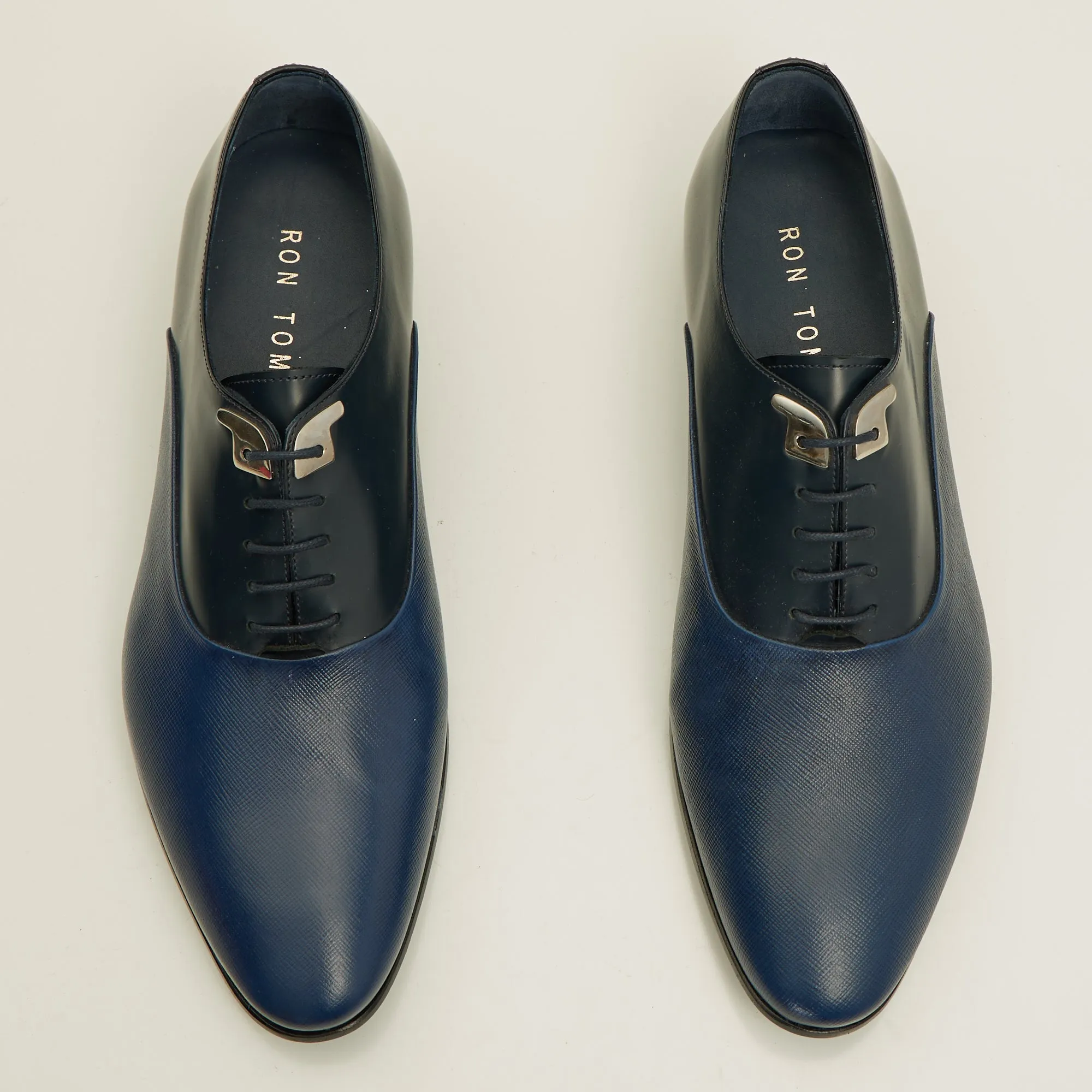 Two Tone Plain Toe Leather Oxfords-  Navy