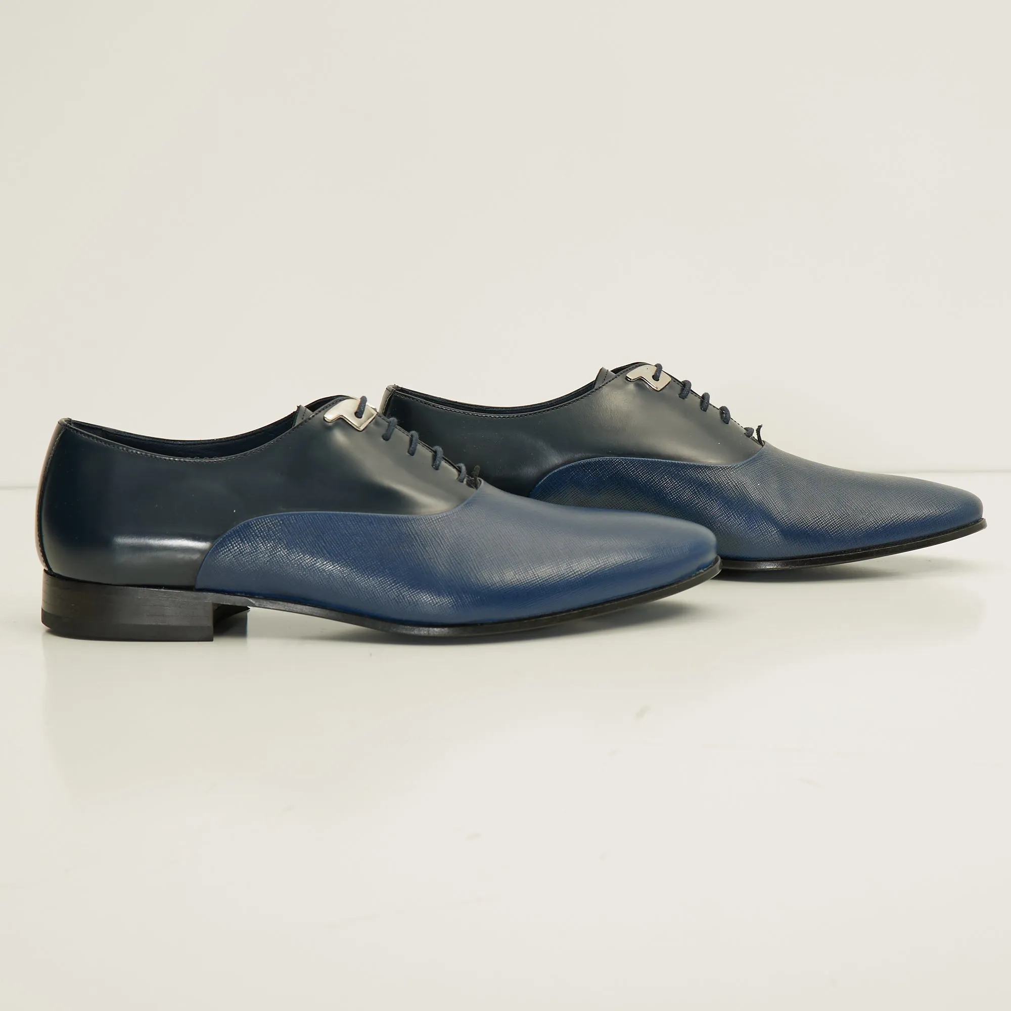 Two Tone Plain Toe Leather Oxfords-  Navy