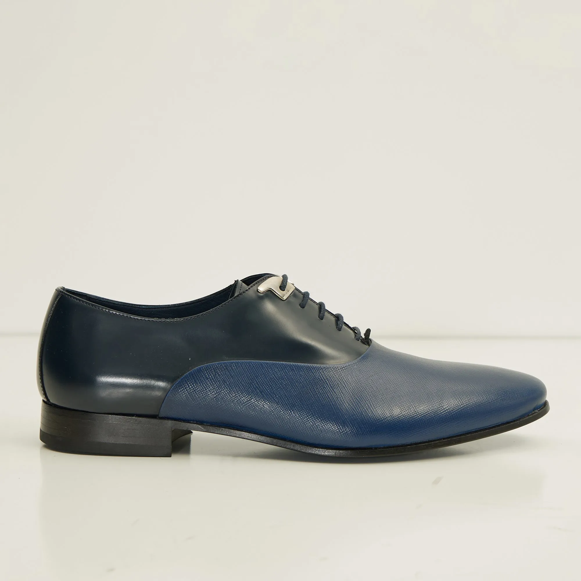 Two Tone Plain Toe Leather Oxfords-  Navy