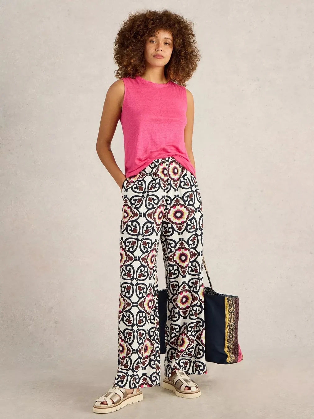 White Stuff Lucy Linen Blend Trouser White Print