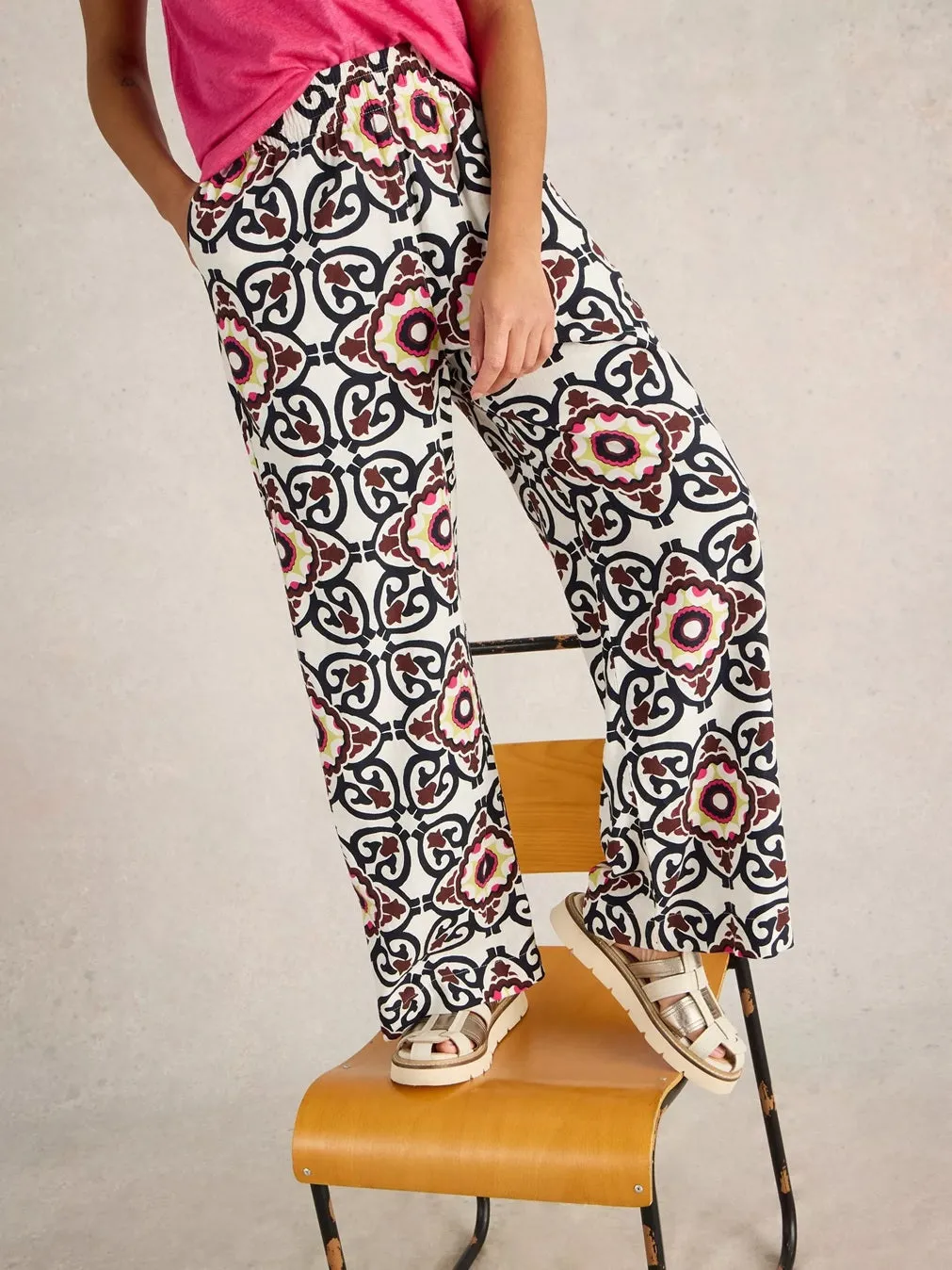 White Stuff Lucy Linen Blend Trouser White Print