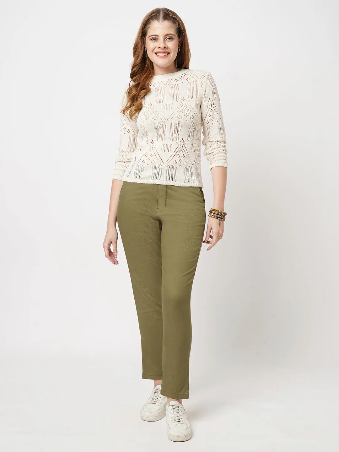Women Light Olive Mid-Rise Slim Fit Trouser