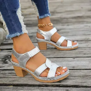 Women's Cross Strap High-Heel Sandals with Velcro Closure 18681013C
