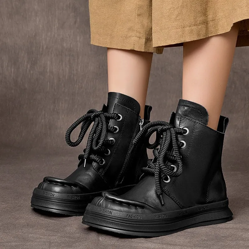 Women's Platform Martin Ankle Boots with Lace-Up/Zipper and Round Toe in Black