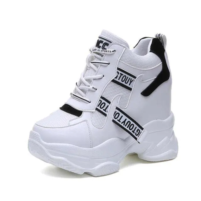 xakxx White Trendy Shoes Women High Top Sneakers Women Platform Ankle Boots Basket Femme Chaussures Femmes Height Increase Shoes